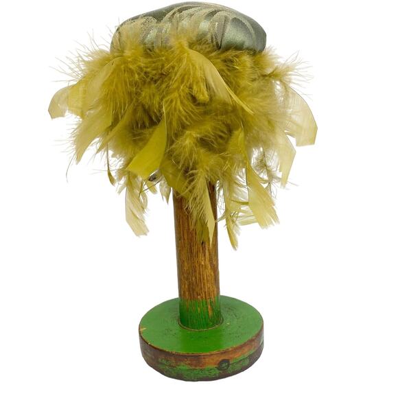 large vintage wooden green SPOOL hat holder brown feathers 11" tall - Picture 2 of 11